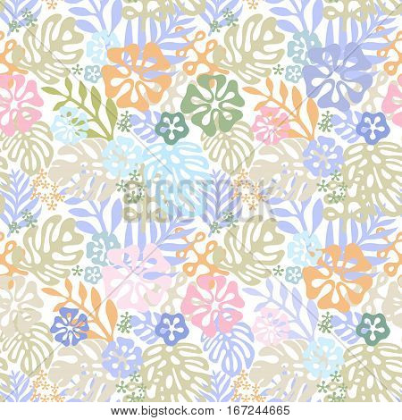Vector tropical flowers patten. Seamless design with simple botanical elements of paradise. Aloha Hawaii vector editable file. Pastel tone colors on white background