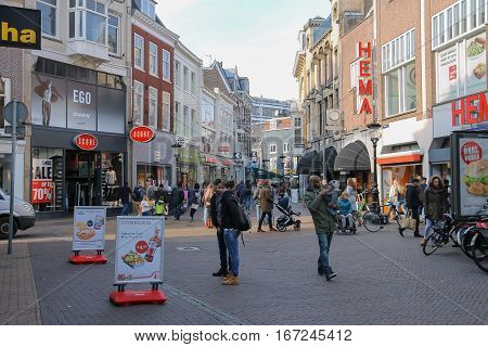 Utrecht the Netherlands - February 13 2016: People walking in historic city centre