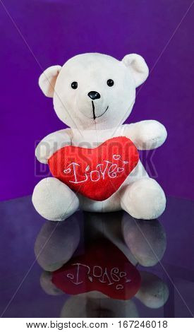 Teddy bear with heart sitting on the glass with  purple background. Get Taste Forever Valentine.