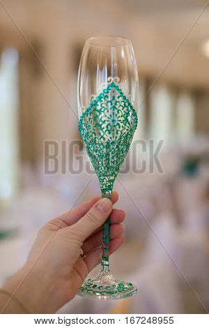 Wedding champagne glass in hand hand painted. Wedding concept