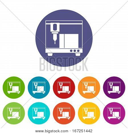 3D printer set icons in different colors isolated on white background