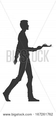 The guy's silhouette with a plate of food. The vector drawing without background. An element for design.