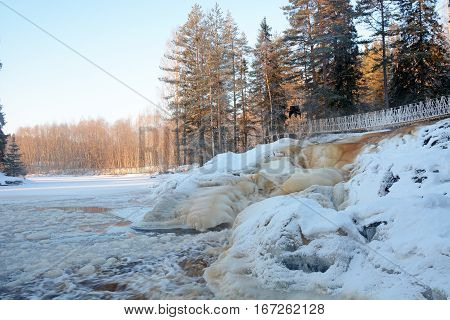 Waterfall near Ruskeala Marble Canyon in Karelia republic