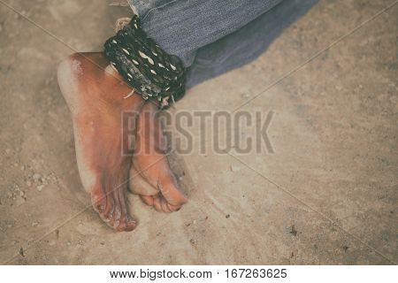 Hopeless Man Feet Tied Together With Rope