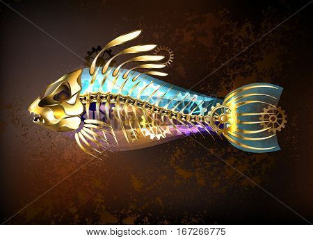 Mechanical antique gold fish with skeleton and gears on a brown background. Steampunk style.