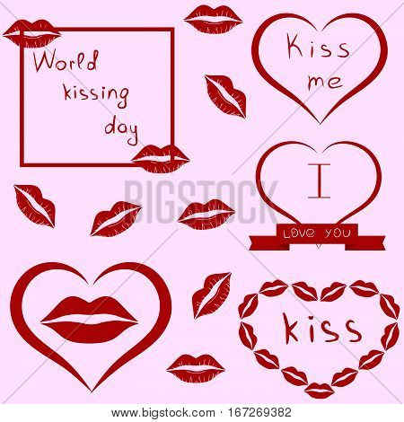 World kissing day. Clip-art. Set of lips, kiss, heart and ribbon. Pink background. Vector illustration.