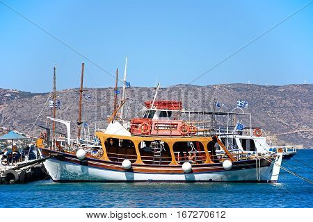 ELOUNDA, CRETE - SEPTEMBER 17, 2016 - Greek yachts and boats moored in the harbour Elounda Crete Greece Europe, September 17, 2016.
