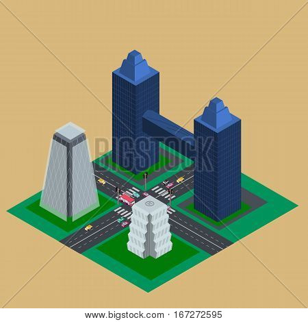 Isometric street with high tower buildings crossroads traffic light and cars