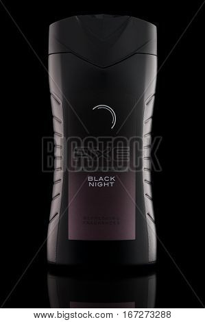 Kiev, Ukraine, December 15 2016. Axe Bodywash Black Night Isolated On Black. Path Included. Axe Bran