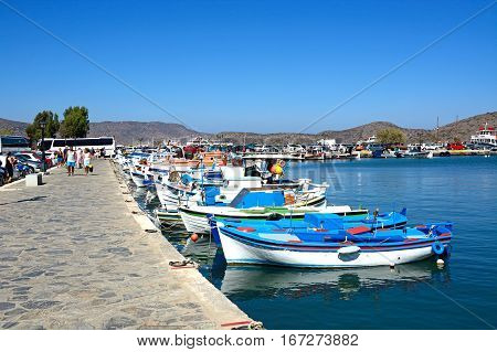 ELOUNDA, CRETE - SEPTEMBER 17, 2016 - Traditional Greek fishing boats moored in the harbour Elounda Crete Greece Europe, September 17, 2016.
