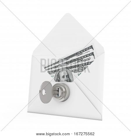 Security Concept. Money in Envelope with Key and Keylock on a white background. 3d Rendering.