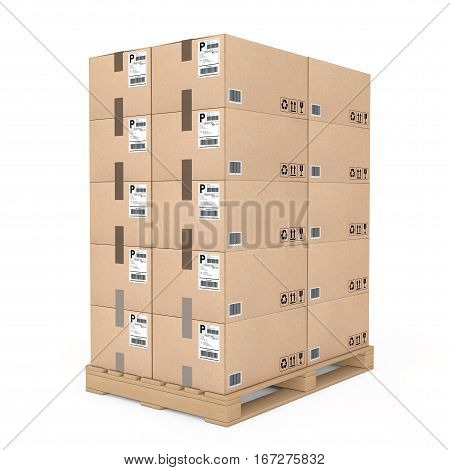 Logistics concept. Cardboard boxes on wooden palette on a white background. 3d Rendering.