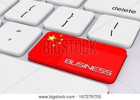 Computer Keyboard Key with China Flag and Business Sign extreme closeup. 3d Rendering.