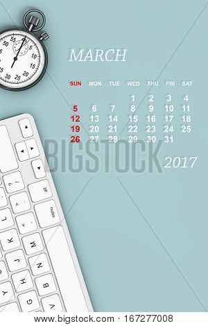 2017 year calendar. February calendar with Stopwatch and Keyboard. 3d Rendering