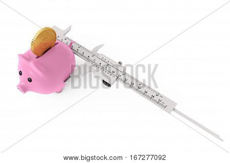 Size of Savings Concept. Piggy Bank with Golden Coin and Vernier Caliper Sliding Gauge on a white background. 3d Rendering.