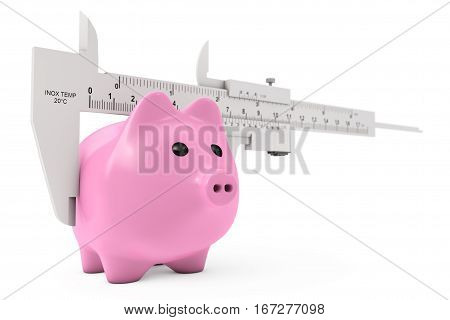 Size of Savings Concept. Piggy Bank with Vernier Caliper Sliding Gauge on a white background. 3d Rendering.