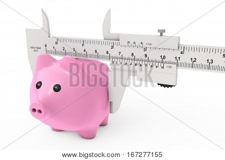 Size of Savings Concept. Piggy Bank with Vernier Caliper Sliding Gauge on a white background. 3d Rendering.