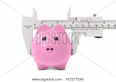 Size of Savings Concept. Piggy Bank with Vernier Caliper Sliding Gauge on a white background. 3d Rendering.