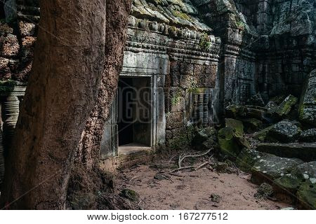 The stone door of an ancient temple Ta Nei at Angkor complex, Siem Reap, Cambodia
