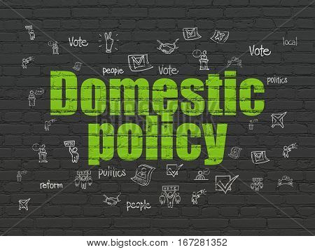 Political concept: Painted green text Domestic Policy on Black Brick wall background with  Hand Drawn Politics Icons
