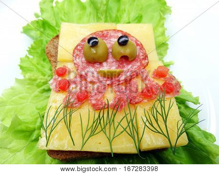 creative sandwich with cheese and sausage sprut form