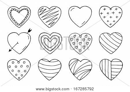 Hearts collection in doodle style. Hand drawn vector illustration. Happy valentines day.
