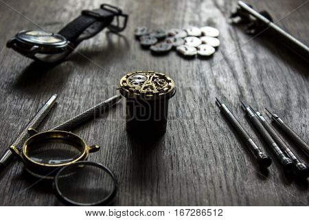 The procces of watch repair with the special tools