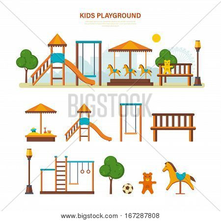 Concept illustration - children's entertainment playground, with a slide, benches, a sandbox, a swing and a recreation park, toys. Place children games. Vector illustration.