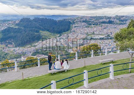 QUITO, ECUADOR, FEBRUARY - 2016 - Cityscape panoramic aerial view from panecillo viewpoint of Quito city Ecuador.