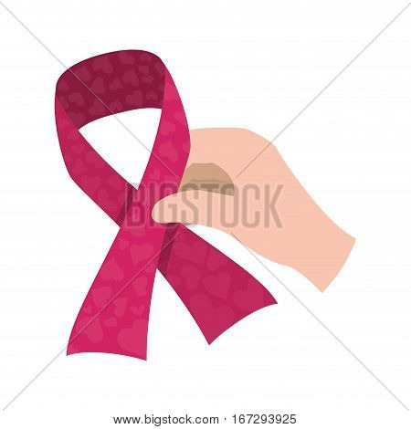 Fucsia ribbon breast cancer signal in the hand , vector illustration