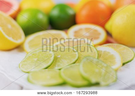Healthy composition of lemon lime grapefruit and tangerine packed with vitamin C.