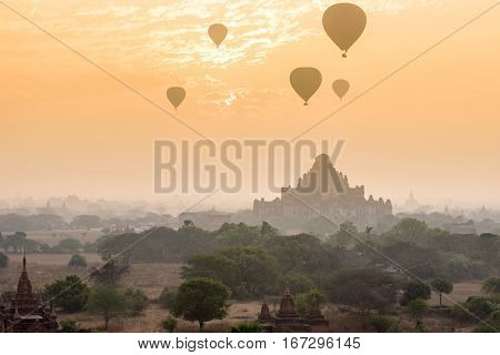 Dhammayangyi temple The biggest Temple in Bagan with balloons and sunrise Myanmar