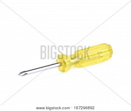 Tiny crosshead screwdriver with a plastic yellow handle, isolated over the white background