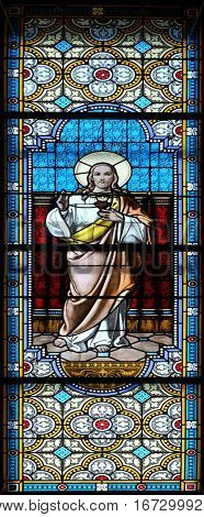 KRAPINA, CROATIA - APRIL 21: Sacred Heart of Jesus stained glass window in the church of Saint Catherine of Alexandria in Krapina, Croatia on April 21, 2016.