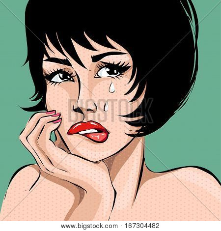 Pop Art Comics Style Crying Woman Portrait, Vector
