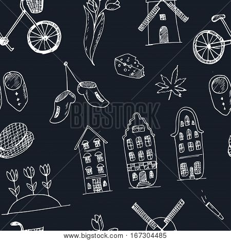 Doodle hand drawn seamless pattern Holland icons. Netherlands culture elements for design. Vector illustration with travel objects