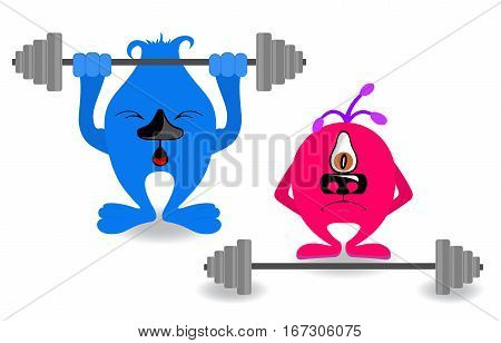 Funny cute cartoon monsters involved in sports. weightlifter monster on a white background