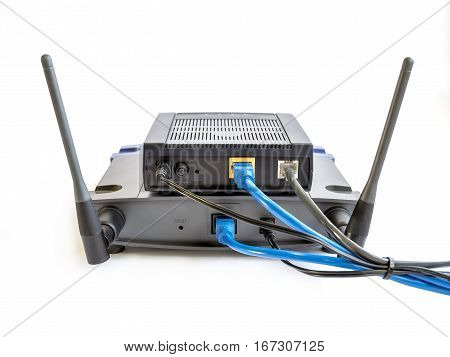 Internet router and wireless access point with cable isolated on white background.