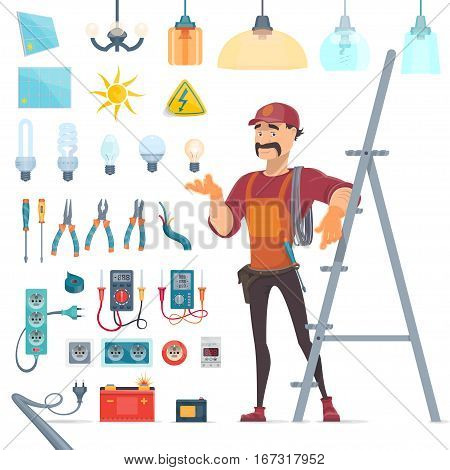 Electricity icons set with whiskered electrician and professional tools and equipment isolated vector illustration