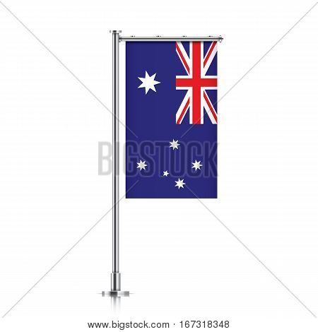 Australia vector banner flag hanging on a silver metallic pole. Vertical Australia flag template isolated on a white background.