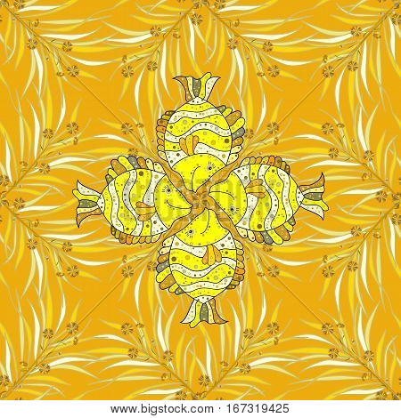 Drawn cartoon fish seamless pattern nautical vector background. Abstract yellow fish in a row on a yellow background repeating element.