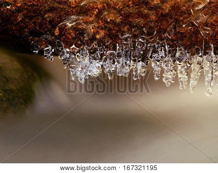 Icicles Above Freeze Winter Mountain Stream. Winter Season At River