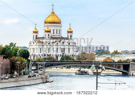View from the river to the Cathedral of Christ the Saviour in Moscow