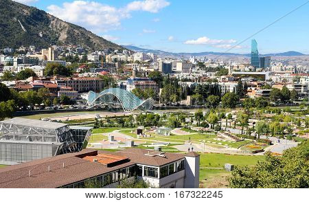 Panoramic view of Tbilisi Georgia with Bridge of Peace and Rike Park