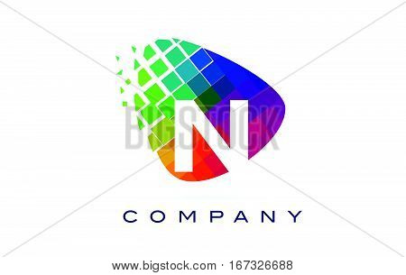 Letter N Colourful Logo. Rainbow N Letter Icon with Shattered Blocks.