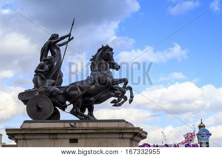LONDON, GREAT BRITAIN - MAY 9 2014: This is monument to Queen Boudicca - the leader of the Celts the fallen in the defense of London in '61.