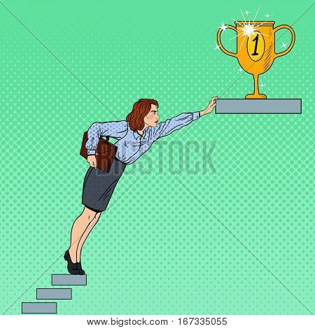 Pop Art Business Woman Hard Trying to Reach the Goal. Vector illustration