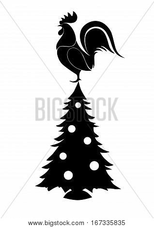 rooster sitting on top of the Christmas tree vector eps10