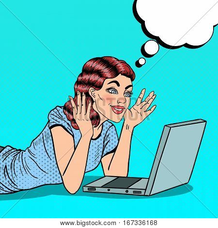 Pop Art Happy Beautiful Woman with Laptop at Home. Vector illustration