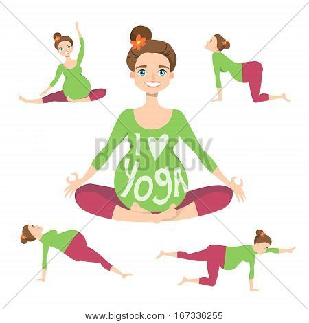 Set of Yoga poses for Pregnant women. Prenatal exercise. Vector illustration.